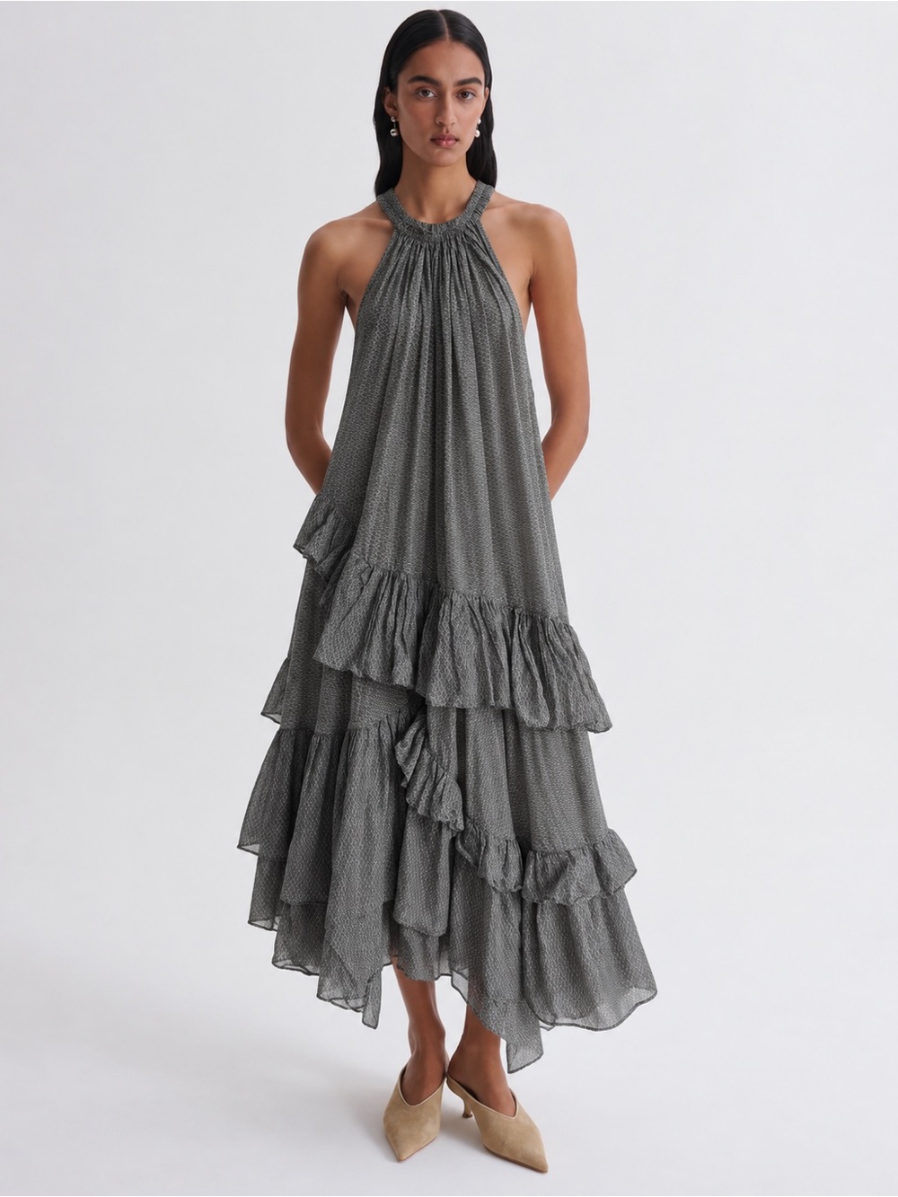 Scanlan & Theodore cotton tiered Ruffle halter dress size S